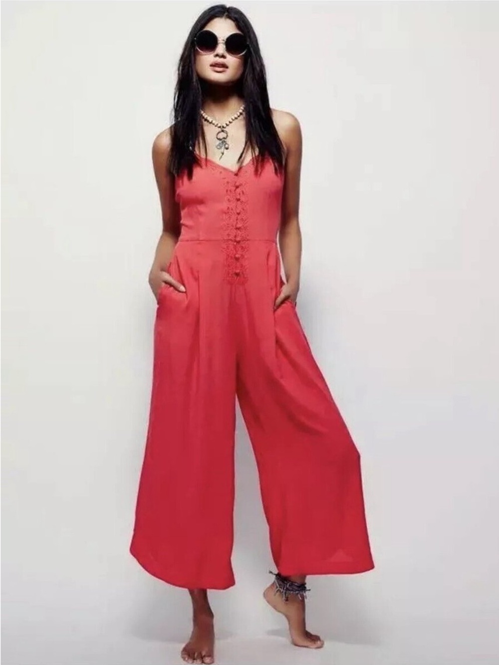Free People Coral V-Neck Wide-Leg Jumpsuit
